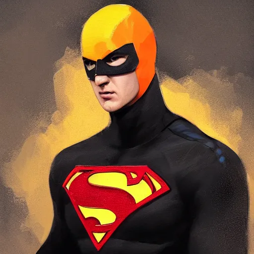 Image similar to portrait of a superhero by greg rutkowski, he looks like miles teller, he is wearing a black, orange and yellow kevlar gear, highly detailed portrait, digital painting, artstation, concept art, smooth, sharp foccus ilustration, artstation hq