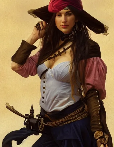 Image similar to fully clothed armed female pirate captain. sun, summer, blue eyes, beauty, wisdom, love, strength, knowledge, smart, portrait, symmetrical, highly detailed, digital painting, artstation, smooth, sharp focus, illustration, strength, art by artgerm and alphonse mucha and louis theophile hingre. 8 k