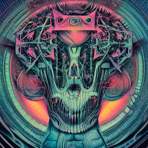 Prompt: pastel screen print on thick paper of album artwork for the band TOOL designed by Ash Thorp and Nychos.