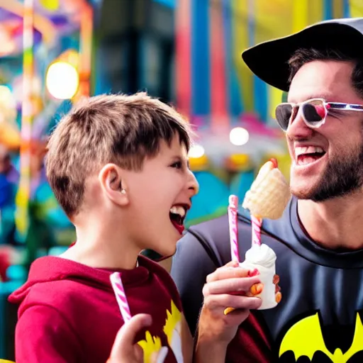 Prompt: batman and robin having fun at a carnival together laughing enjoying ice cream, 4 k