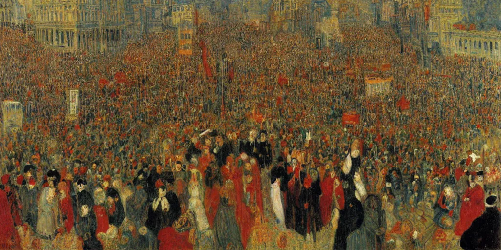 Prompt: christ's entry into brussels in 1 8 8 9. james ensor. ( 1 8 8 8 ) oil on canvas