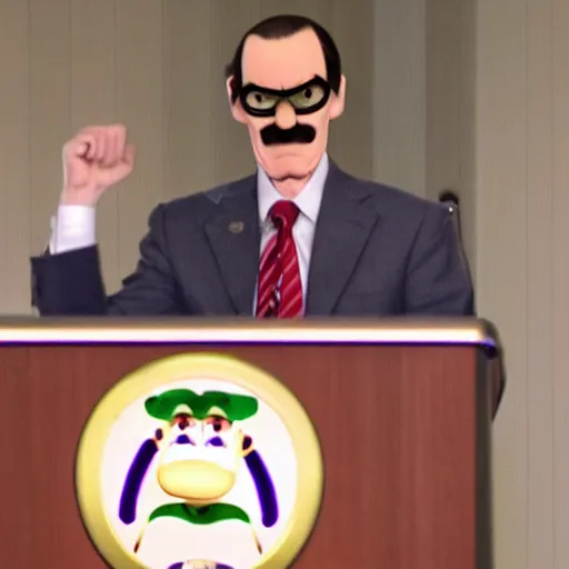 Prompt: president waluigi, real, 2 0 1 7, still, photograph, photo, speech