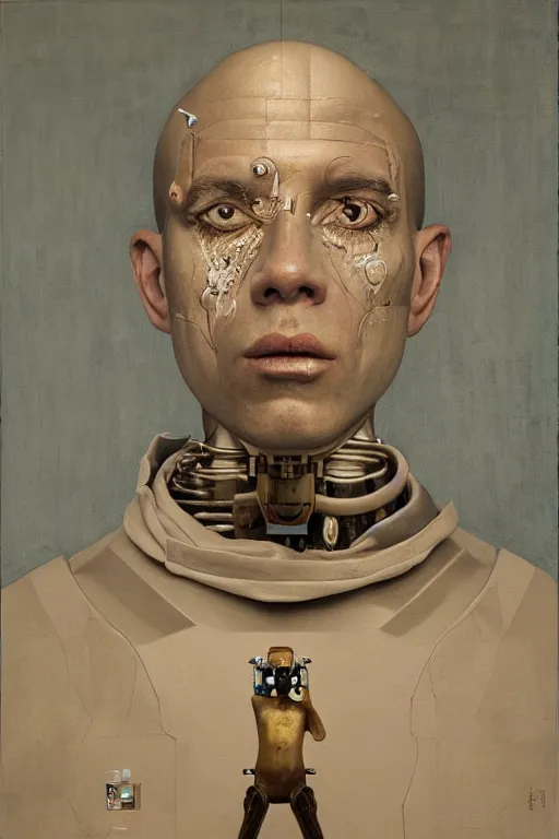 Image similar to robot monk painting a self - portrait on a canvas. intricate, highly detailed, photorealistic, film still, by vdragan bibin.