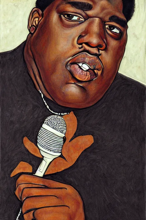 Prompt: a portrait of biggie smalls holding a mic in a hand by egon schiele, masterpiece, hyperdetailed, complex, intricate, old school, 9 0 s, 4 k, trending on artstation