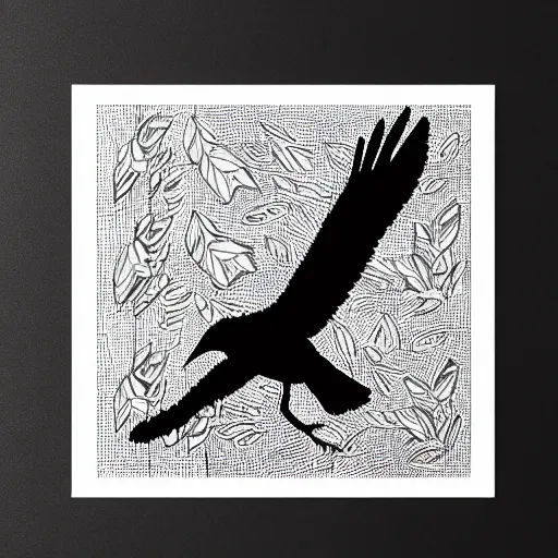 Prompt: crow, smooth clean block print, 4k, black ink on white paper