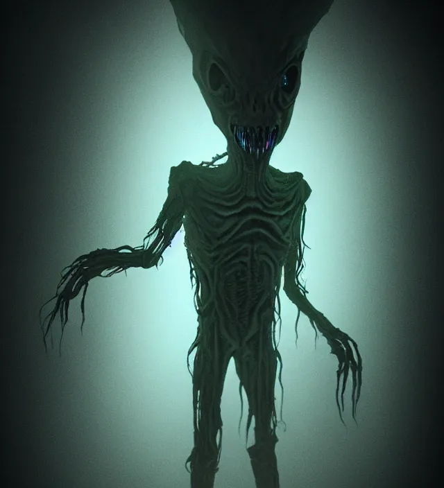 Image similar to a nightmare humanoid ghost monster alien standing in front of a window, volumetric lighting, in the style of stephen king, inspired by lovecraft, inspired by jeffrey smith