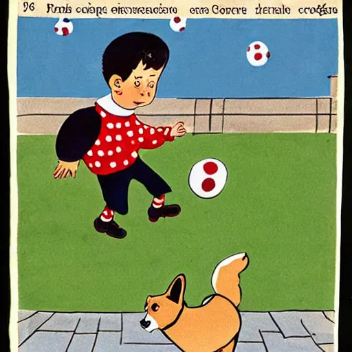 Image similar to book illustration of a french boy on the streets of paris playing football against a corgi, the dog is wearing a polka dot scarf, 1 9 6 6