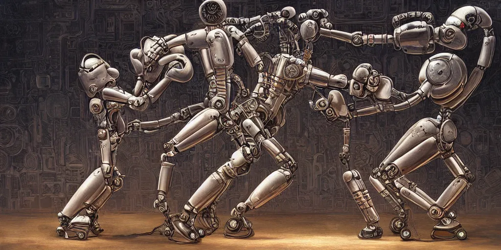 Image similar to digital painting of a robot doing boxing, by michael whelan and h. r. giger, highly detailed, steampunk, mix of styles, intricate, ghost in the shell color scheme, boxing, kickboxing, masterpiece