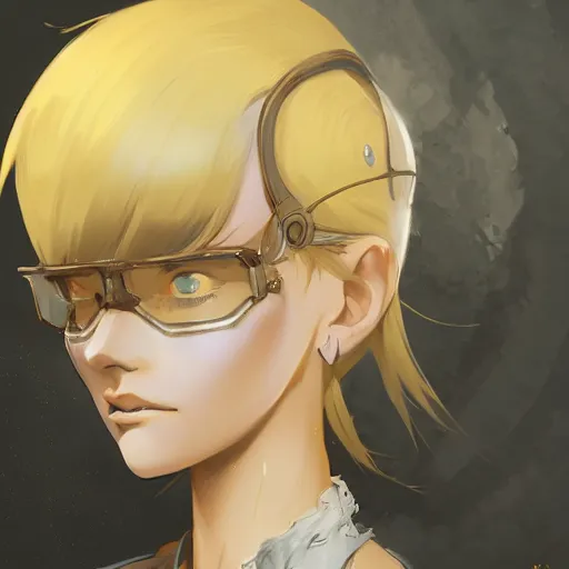 Image similar to a girl with dark skin with yellow eyes and short white hair, wearing steampunk attire, highly detailed, digital painting, artstation, matte, by makoto shinkai, animation style