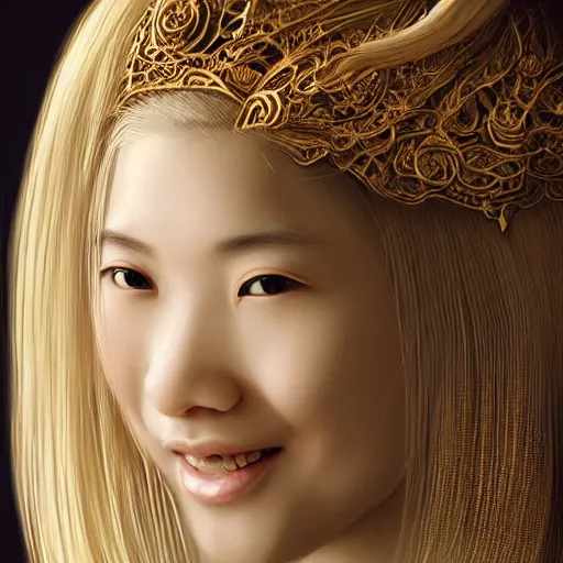 Image similar to a totally amazed smiling pretty asian girl with blonde hair, fully covering intricate detailed outfit, long loose blonde hair, precise linework, accurate brown eyes, small nose, beautiful smooth oval head, expressive emotions, hyper realistic ultrafine portrait by artemisia gentileschi, jessica rossier, greg rutkowski, artgerm