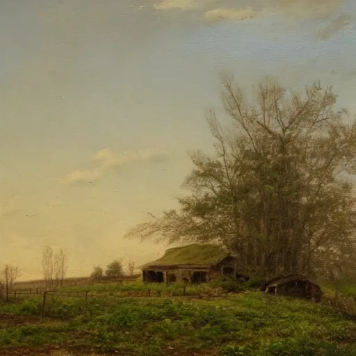 Image similar to Landscape, abandoned homestead at morning. Ohio River Valley. Oil on Canvas