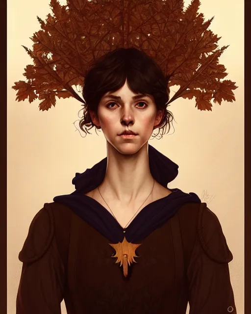 Prompt: symmetry portrait of welsh brunette witch student in mans tunic, tomboy, short hair, forest, intricate, elegant, highly detailed, digital painting, artstation, concept art, smooth, sharp focus, illustration, art by artgerm and greg rutkowski and fra angelico and alphons mucha