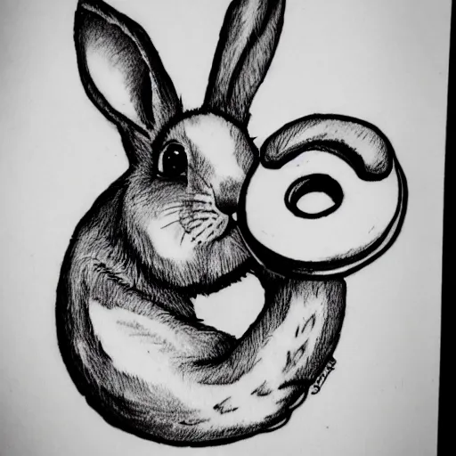 Image similar to a tattoo sketch of a rabbit eating a donut