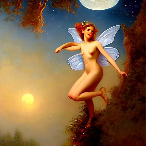 Image similar to attractive fairy magically floating high in the night, fantasy, full moon in background. highly detailed painting by gaston bussiere, craig mullins, j. c. leyendecker, sharp focus, 8 k