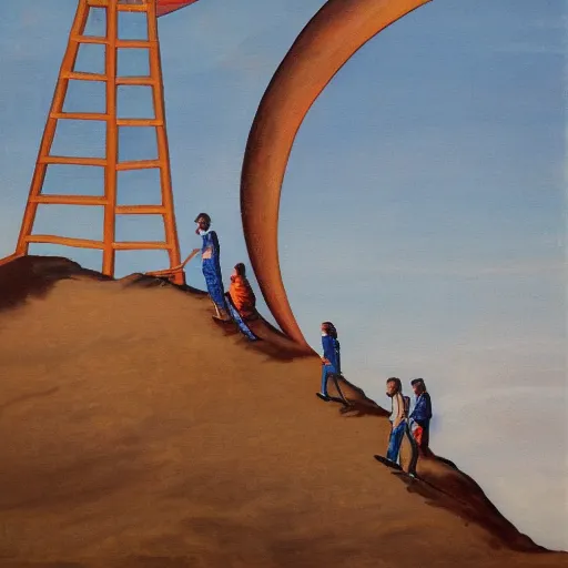 Image similar to a 1500's painting of people climbing a ladder to the moon