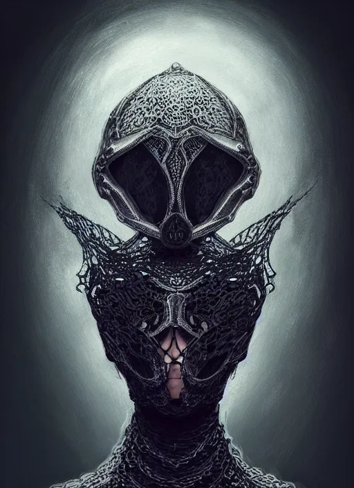 Image similar to lace armor witchy dark, iris van herpen, helmet on face, portrait, voluminous, masterpiece, intricate, highly detailed, artstation, dreamy ghost, concept art