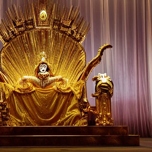 Prompt: shining majestic throne made of millions of diamonds, gold and zaphires with thousands of light reflections, and a stupid clown is sitting on the throne while handind a globe, 4 k