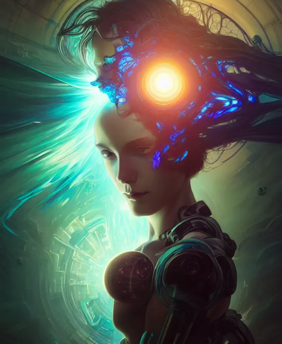 Prompt: a whirlwind of souls rushing inside the metaverse, half body, glowin eye, android, cyborg, cyberpunk face, by loish, d & d, fantasy, intricate, elegant, highly detailed, colorful, vivid color, digital painting, artstation, concept art, art by artgerm and greg rutkowski and alphonse mucha and ruan jia