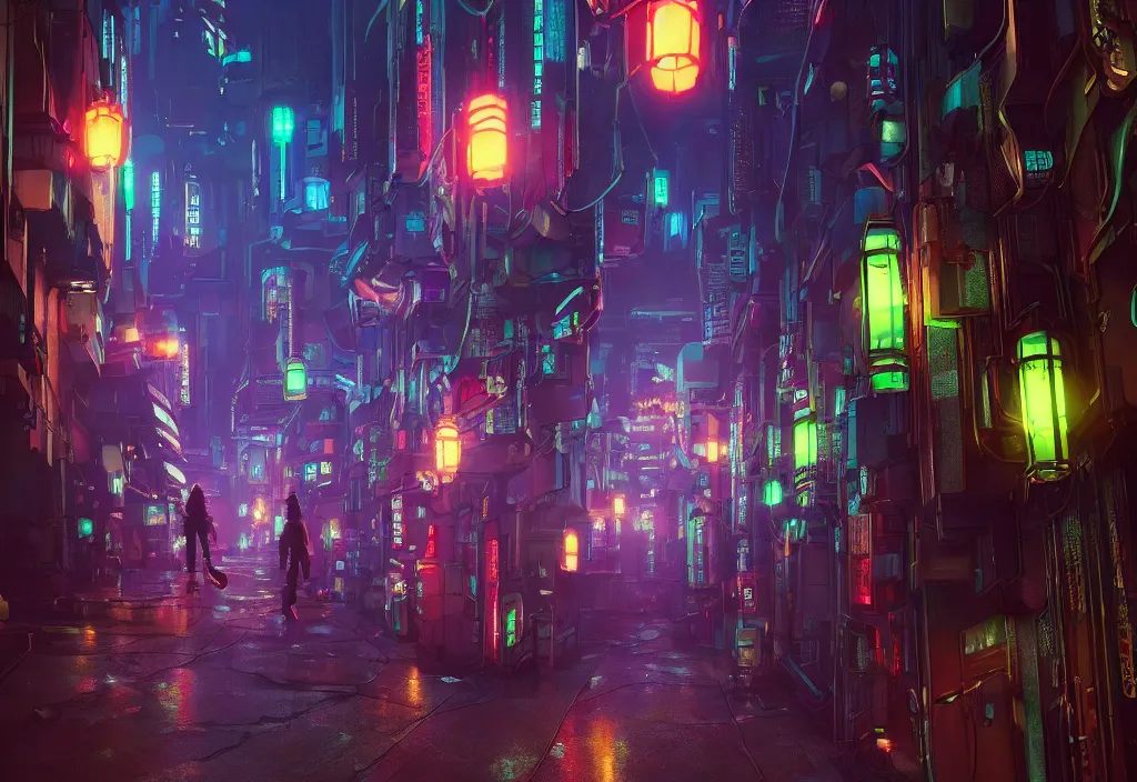 Image similar to a futuristic cyberpunk japanese izayaka alley with neon lights and lanterns, soft glow, intricate, cybernetic, viewed at 3 / 4 angle, trending on artstation, octane render, unreal engine, colorful, in the style of chris foss, rodger dean, moebius, michael whelan, and gustave dore