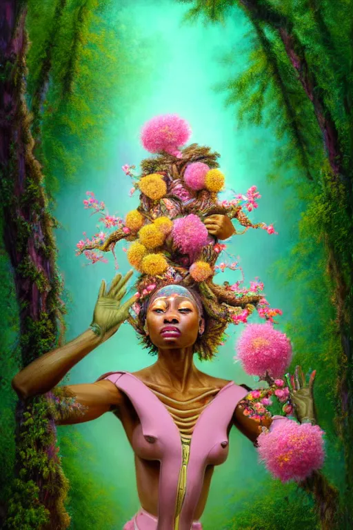 Image similar to hyperrealistic neo - rococo cinematic super expressive! yoruba goddess with exoskeleton armor, merging with tree in a forest, pink yellow flowers, highly detailed digital art masterpiece, smooth cam de leon eric zener dramatic pearlescent soft teal light, ground angle hd 8 k, sharp focus