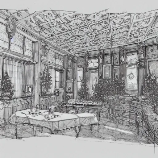 Image similar to annotated highly, detailed and intricate, sketch of a lodge room full of spring plants, marker concept art style rendering, concept art, half blueprint, trending on artstation, intricate details, center frame, annotations