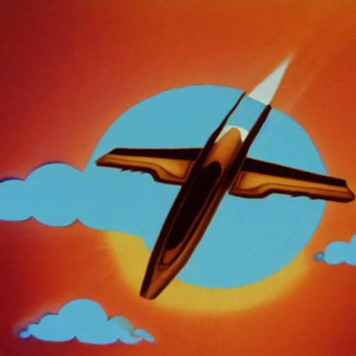 Image similar to commodore amiga with wings flying towards the sun, sunrays, lightly clouded