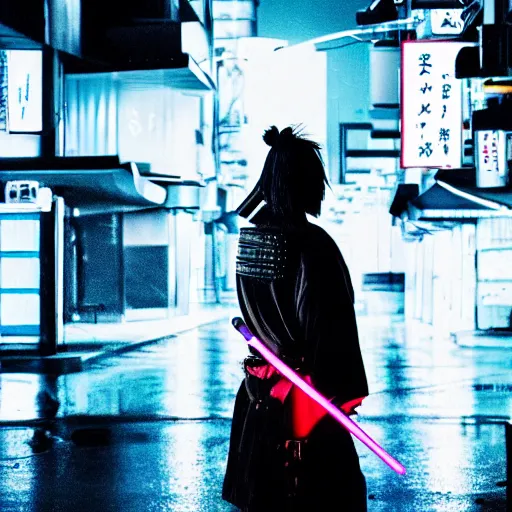 Image similar to photograph of a samurai warrior in a post modern Japan, neon lights, night, dark, volumetric light, raining, high contrast, epic