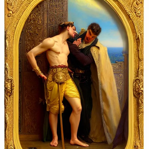 Prompt: attractive fully clothed king confesses his love for his attractive fully clothed male prince. highly detailed painting by gaston bussiere, mark brooks, j. c. leyendecker