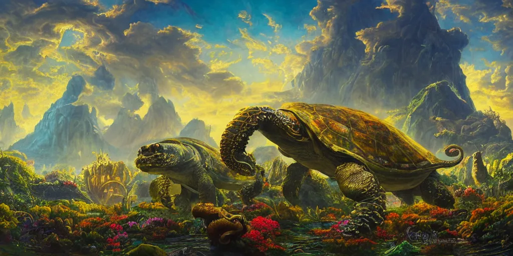 Image similar to fantasy oil painting, great leviathan, cybernetic turtle cephalopod terrapin reptilian pachyderm squid, bella hadid, hybrid, milla jovovich, anubis, epic natural light, lush plants flowers, spectacular mountains, bright clouds, luminous sky, outer worlds, golden hour, michael cheval, edward hopper, michael whelan, vray, hd