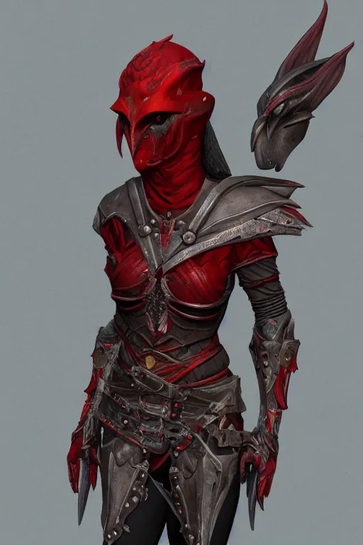 Prompt: female adventurer in tight full - body daedric leather armor of dunmer design with a red porcelain crow mask, trending in artstation, establishing shot