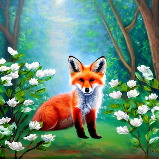 Image similar to cute small red fox in the middle of a white magnolia forest, wide shot, fantasy, oil on canvas