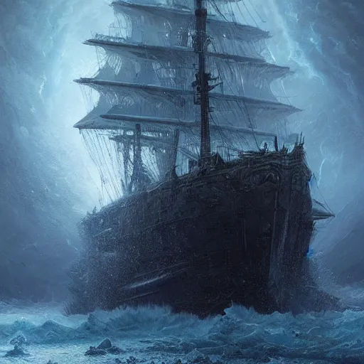 Image similar to ghost ship in hell, cold, icey white lightning, big frozen monstrocity Cthulhu in the background, hyperdetailed, artstation, cgsociety, by greg rutkowski, by Gustave Dore