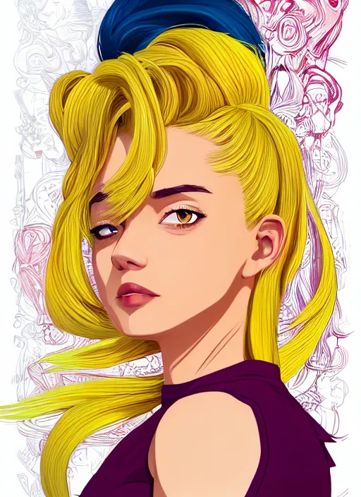 Prompt: character portrait of a cool latino girl with yellow hair, with a 2 8 7 hairstyle, wearing a tanktop, lesbian, highly detailed, stylized, medium shot, vector line art, clean cel shaded vector art, by ross tron, lois van baarle, artgerm, helen huang, makoto shinkai, ilya kuvshinov, rossdraws