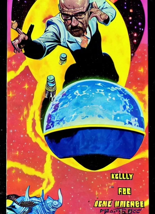 Image similar to Walter White as space wizard in retro science fiction cover by Kelly Freas (1965)