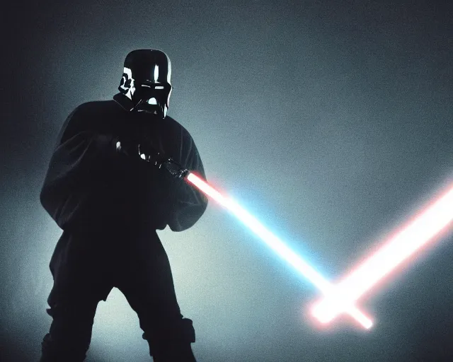 Image similar to a high definition photograph of Kanye West seriously holding a lightsaber, in moody lighting, high contrast, dark shadows