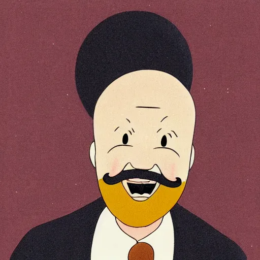 Image similar to bald man with a bright orange beard by studio ghibli, hayao miyazaki