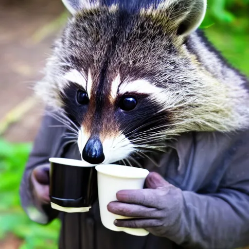 Image similar to mad racoon drinking coffee