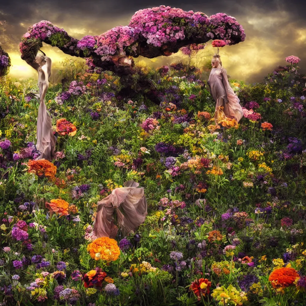 Image similar to a planet of various flowers, fungus and plants, in which the human figure is dressed in something magical and impressive, inside the picture is infinity, sunset light, Atmospheric phenomenon, artistic photography, muted colors, conceptual, long exposure outside the city