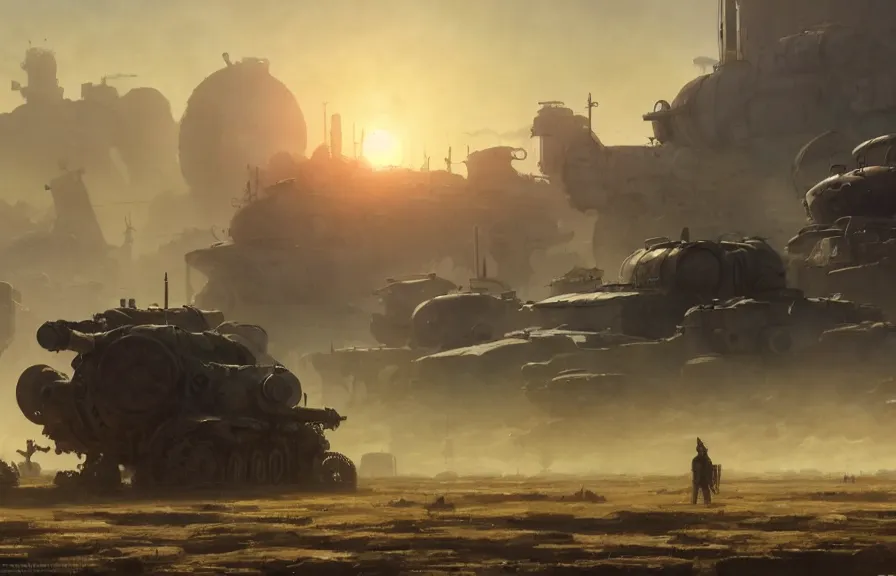 Image similar to concept art of a dusty field with ruined dieselpunk orcish tanks in the background, key visual, ambient lighting, highly detailed, digital painting, artstation, concept art, sharp focus, by makoto shinkai and akihiko yoshida and hidari and wlop