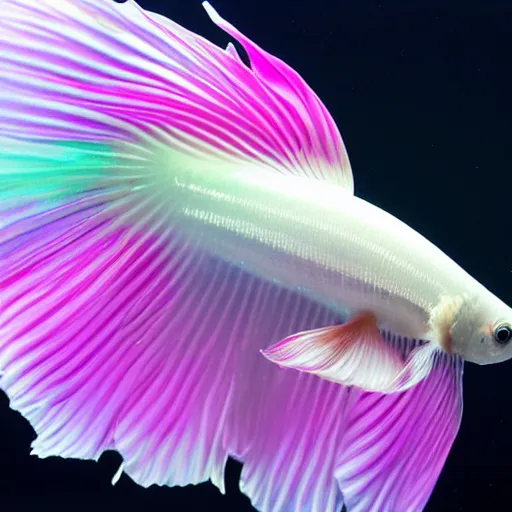 Prompt: a graceful iridescent white betta fish with long swirling fins, black-water-background