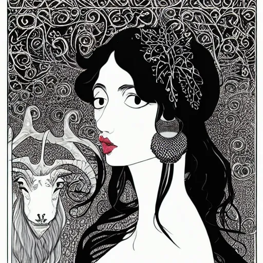 Image similar to filigree detailed illustration portrait of a profile of gypsy girl with long curly hair and big goat horns on her head, aubrey beardsley, tomer hanuka, makoto shinkai