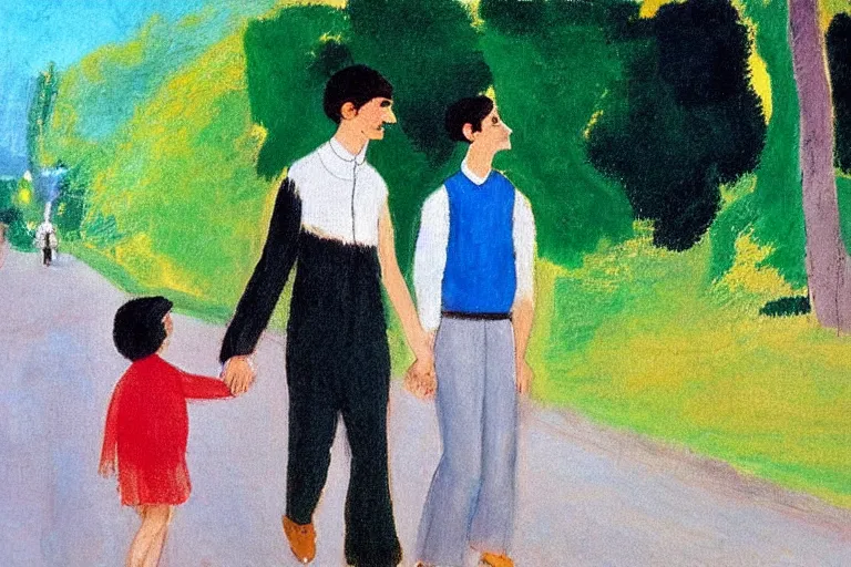 Image similar to a tall man with dark hair holding the hands of a small boy with dark hair as they walk down a suburban highway on a bright beautiful colorful happy day. part in the style of an edgar degas painting. part in the style of david hockney