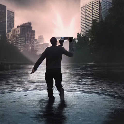 Image similar to angry man throwing his phone into a river, dslr, 8 k, octane beautifully detailed render, sad mood, cinematic lighting, detailed photo, masterpiece, volumetric lighting, ultra realistic, highly detailed, high quality, lossless, photorealistic