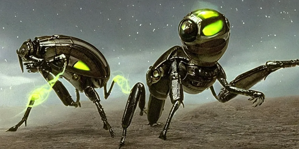 Image similar to lightning bug descendant 1 million in the future is a quadruped with big eyes. the bug wears a spacesuit, and explores the cosmos in a bug - shaped spaceship. science fiction blockbuster movie bugs save the planet or the love bug from saturn, starship troopers ( 1 9 9 7 ), up ( 2 0 0 9 )