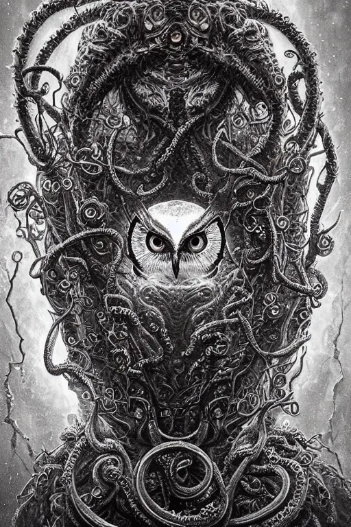 Prompt: realistic portrait of beautifully crystalized and detailed portrait of a eyeless owl, tentacles, tendrils, eldritch, matte painting of cinematic movie scene red dragon, horror, created by gustave dore and greg rutkowski, high detailed, smooth draw, synthwave neon retro, intricate, realistic proportions, dramatic lighting, trending on artstation.