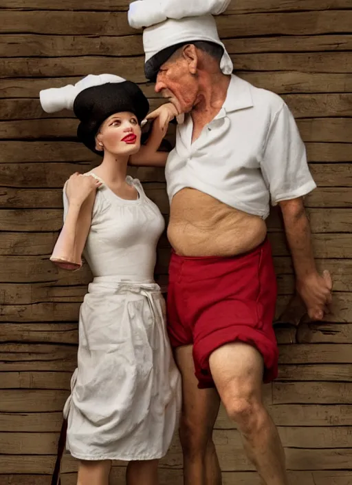 Prompt: closeup portrait of popeye and olive oyl, depth of field, zeiss lens, detailed, symmetrical, centered, fashion photoshoot, by Annie Leibovitz and Steve McCurry, David Lazar, Jimmy Nelsson, Breathtaking, 8k resolution, extremely detailed, beautiful, establishing shot, artistic, hyperrealistic, beautiful face, octane render