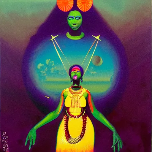 Prompt: an african queen activating her 3rd eye in a solarpunk village by karel thole and amanda sage in a surreal portrait style, oil on canvas, 8k