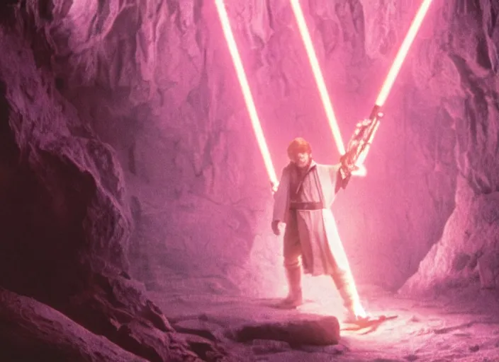 Image similar to detailed photo of Luke skywalker uncovering the secrets of the ancient jedi texts. a dark pink hazy ethereal cave from Indiana jones, screenshot from the 1983 film, Photographed with Leica Summilux-M 24 mm lens, ISO 100, f/8, Portra 400