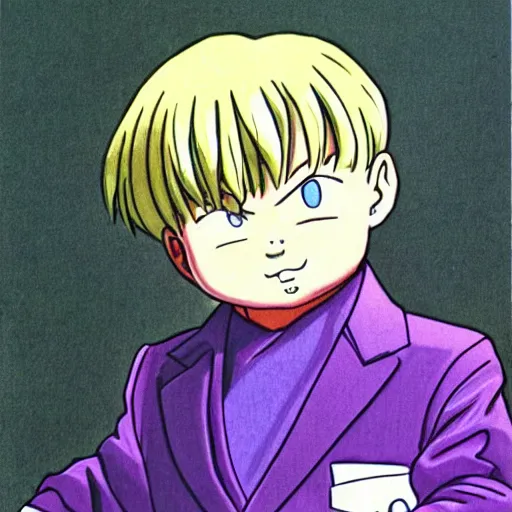 Prompt: pale little boy wearing a purple suit, artwork by toriyama togashi