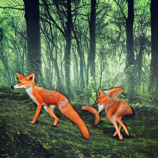 Image similar to an enchanting forest, foxes stand on their hind legs, look at the sky and wave goodbye with their forelegs. there is a purple unidentified flying object in the sky. fantasy. realistic photo. very clear shots.